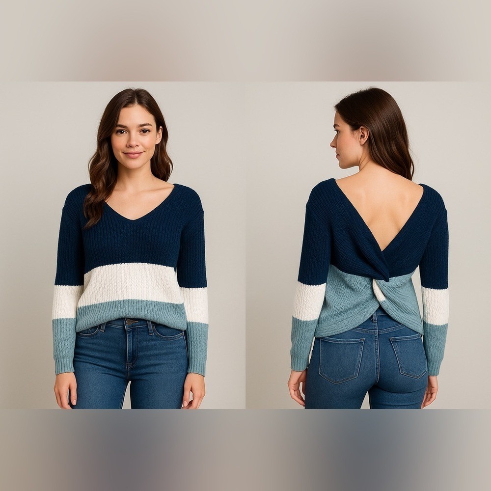 Poof Twist Back Colorblock Knit Sweater Cozy Soft Girl Pullover
